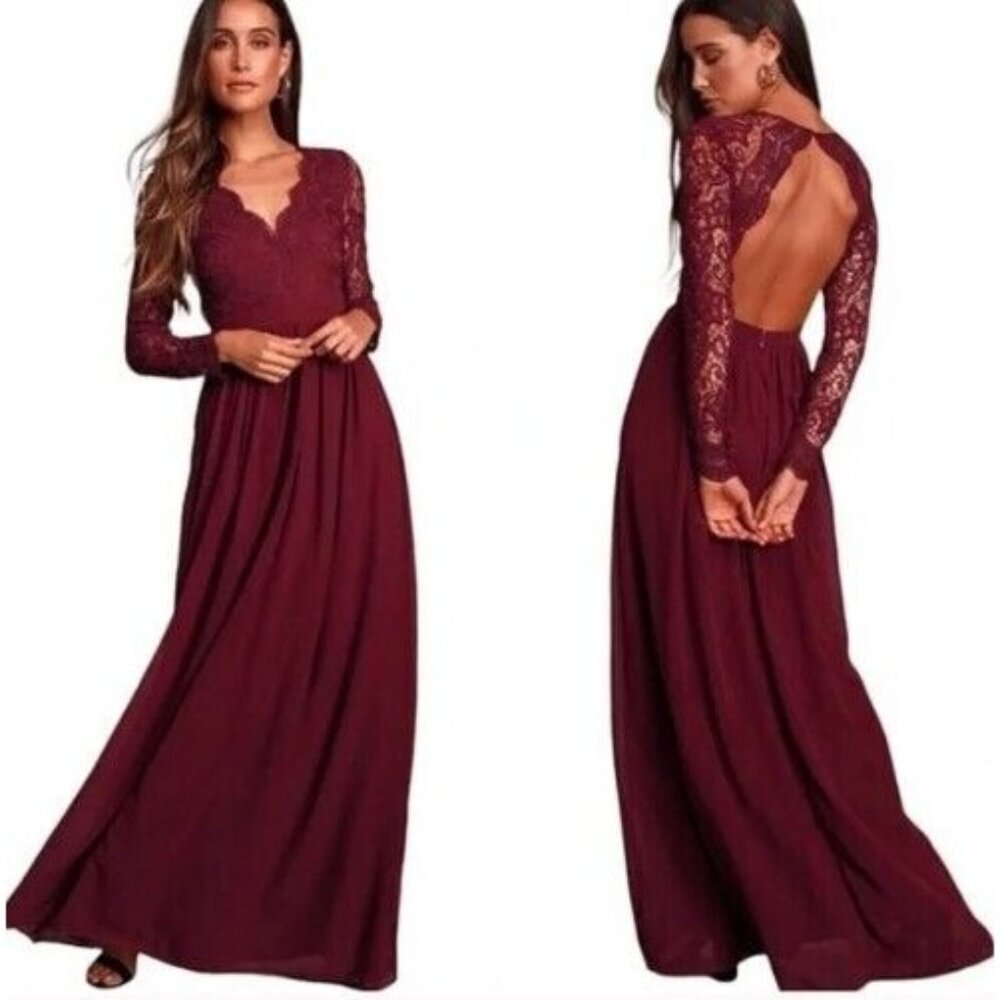 Lulus Awaken My Love Burgundy Long Sleeve Lace Open Back  Maxi Dress SIZE M